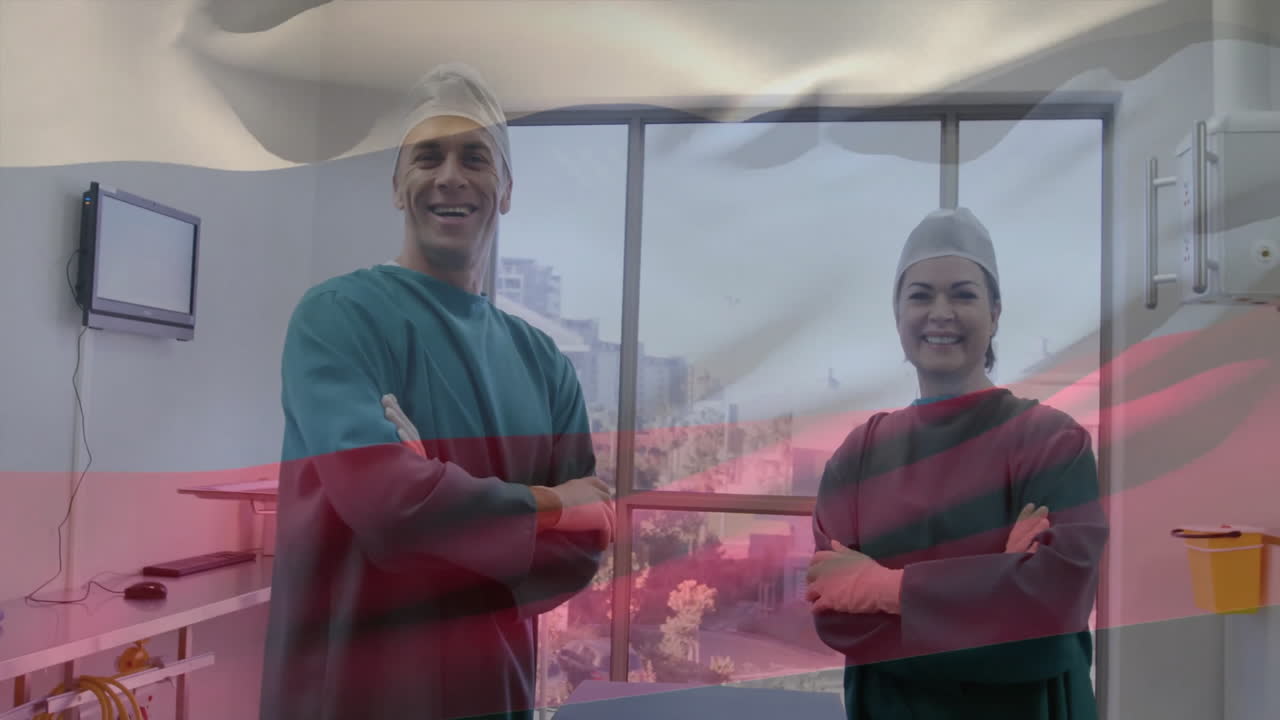 Animation of flag of russia over diverse surgeons in hospital