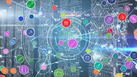 Animation-of-network-of-connections-over-scope-scanning-and-computer-circuit-board