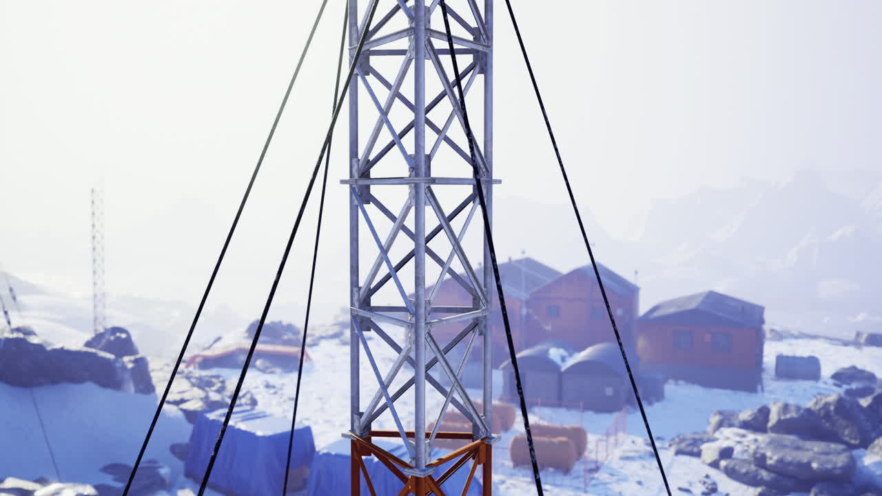Towers and structures amidst a snowy landscape in winter season