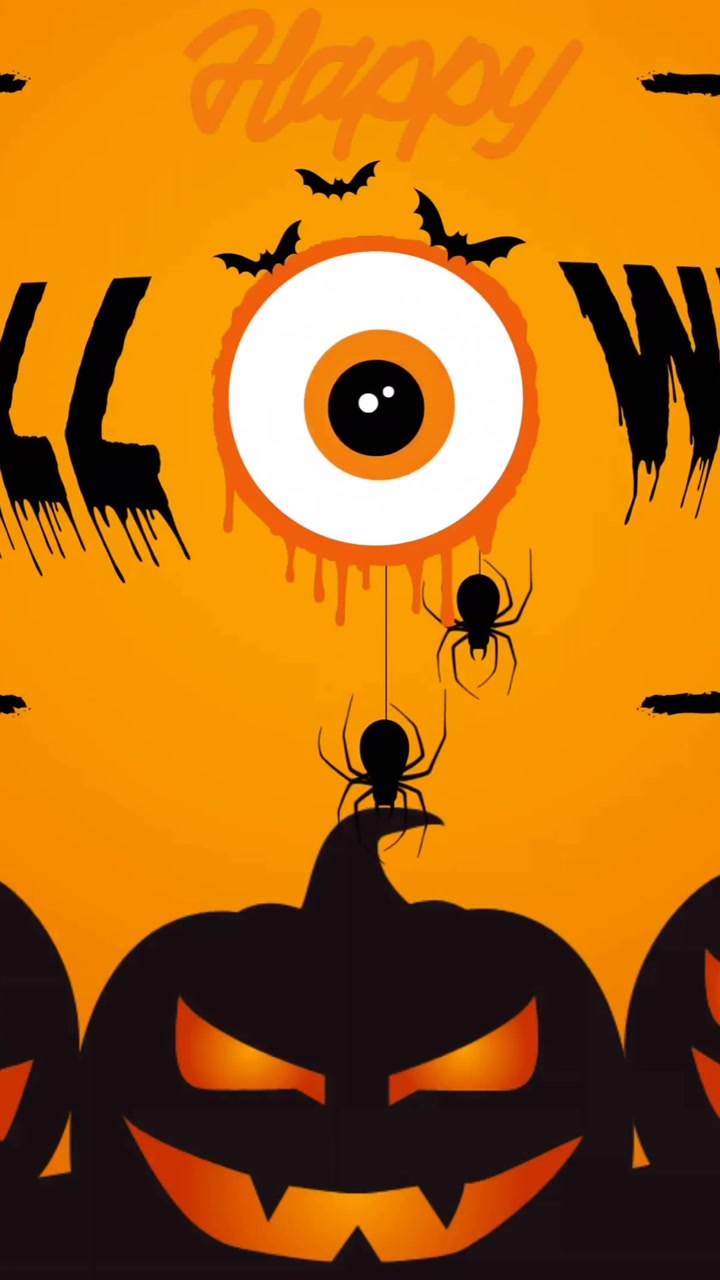 Animazione del testo di Halloween con occhio spettrale e zucche intagliate su sfondo arancione.