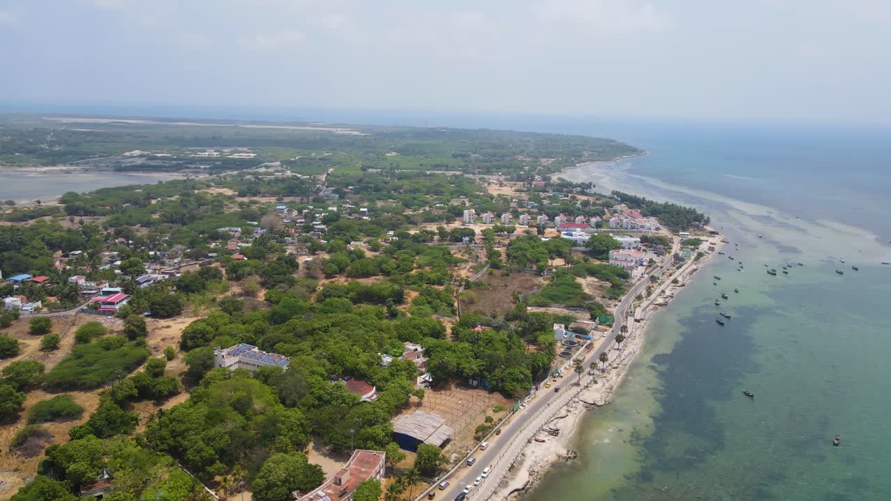 Aerial drone shot capturing the sacred Rameshwaram temple and the sprawling city that surrounds it.