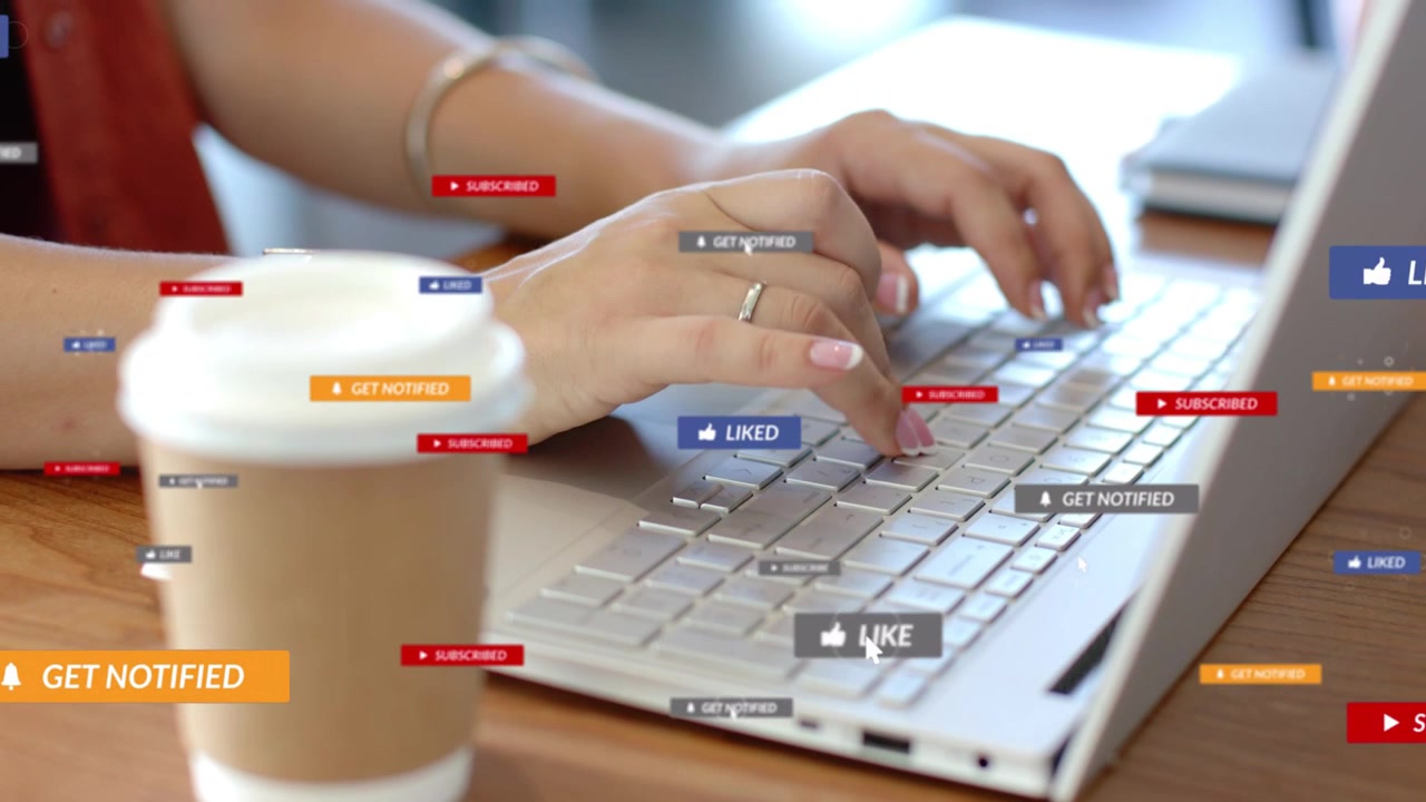 Woman typing keys by cup, sparking social badges appearing around keys peaking receding promoting