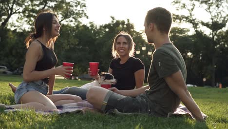 Porträt-Von-Drei-Freunden,-Die-Zusammen-Im-Park-Herumhängen