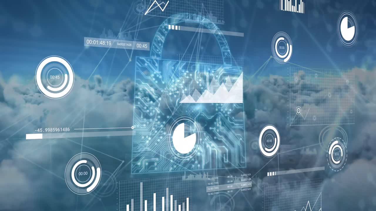 Animation of network, padlock, charts and data processing over blue cloudy sky
