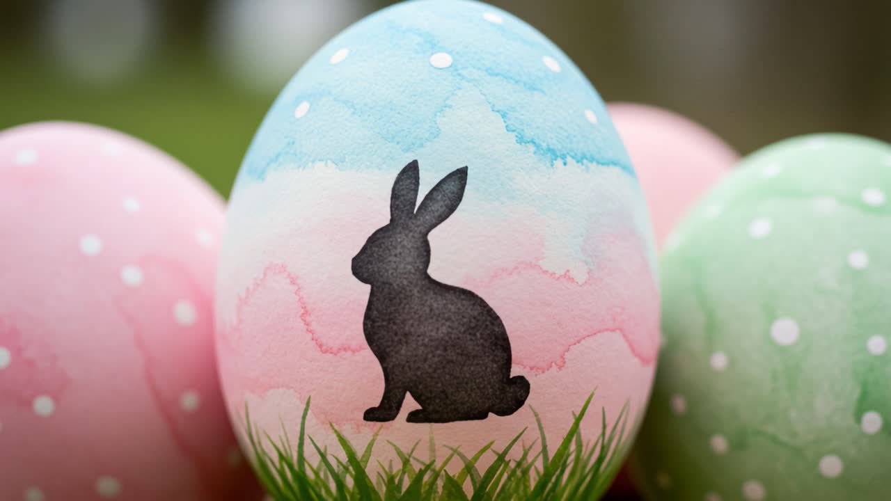 Beautifully Decorated Easter Egg with a Playful Bunny Silhouette Against a Pastel Background, Perfect for Spring Celebrations and Festive Decorations