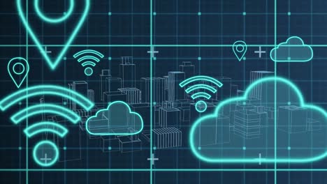 animation of digital clouds and icons flying over cityscape