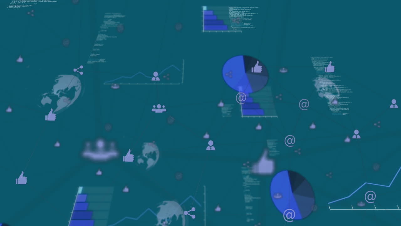 Animation of network of digital icons over data processing
