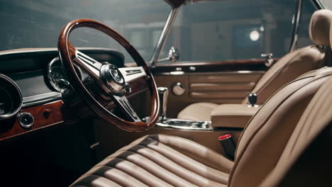 interior of a classic luxury car with beige leather seats