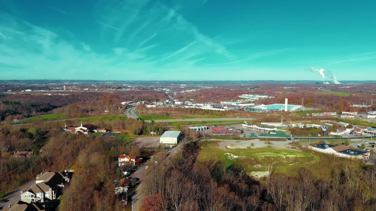 Aerial View of Suburbs and Industrial Area in Autumn
