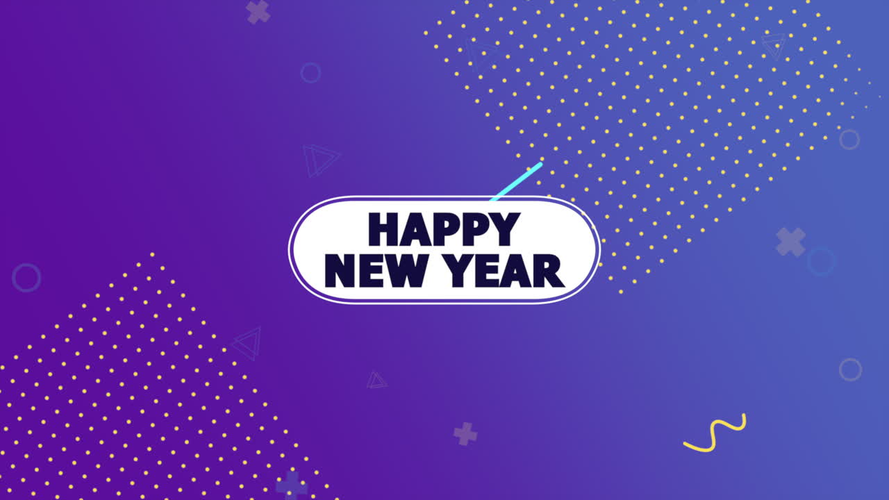 Animation text Happy New Year and motion abstract geometric shapes Memphis background 4