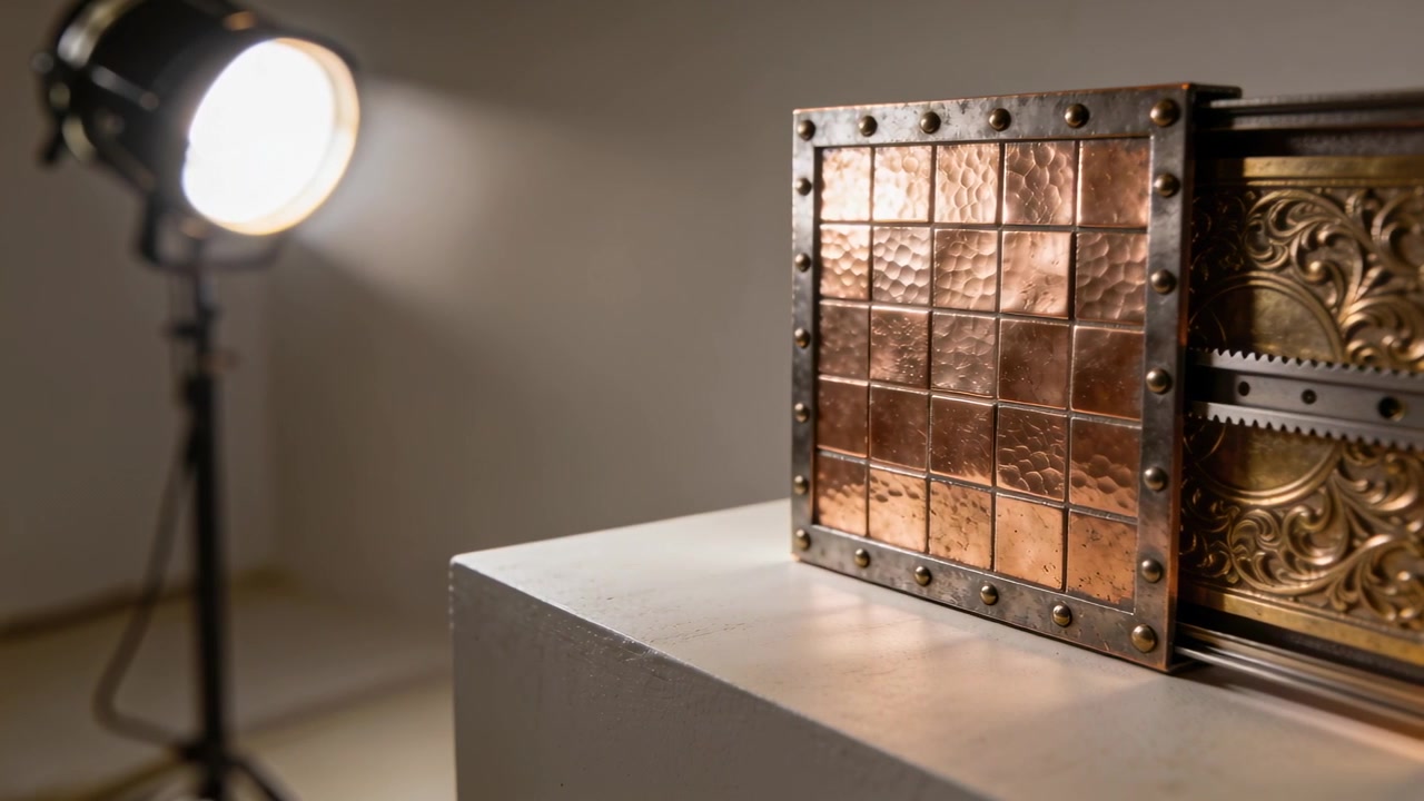 Moving camera revealing metal box on pedestal in studio, showing copper tiles and gilded interior