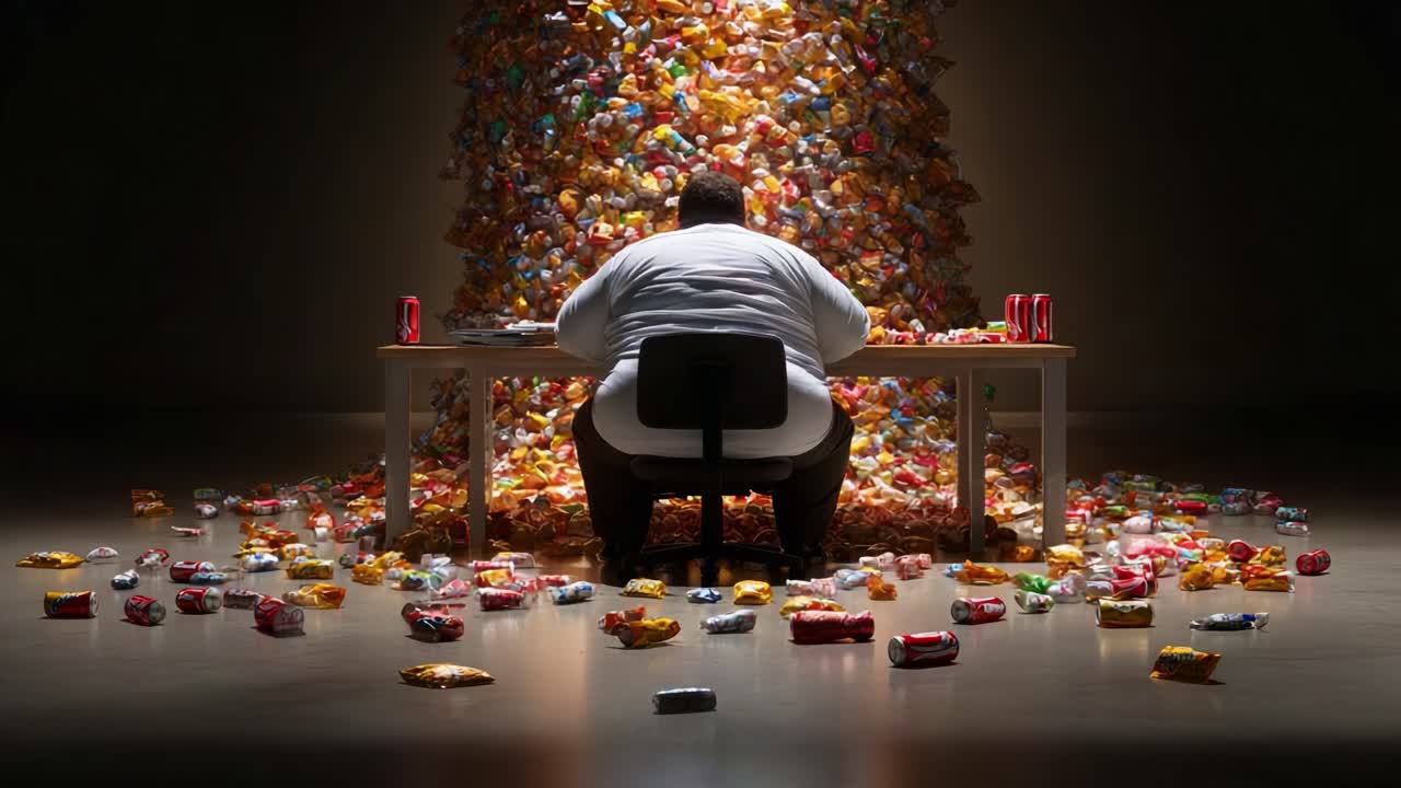 A solitary figure sits before a mountainous pile of colorful snacks, immersed in a sea of wrappers, representing abundance, indulgence, and the consequences of excess consumption in modern lifestyles