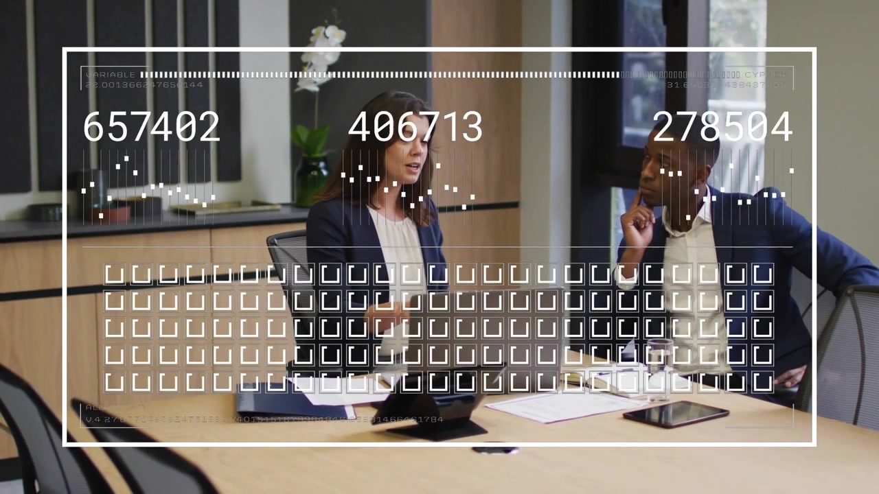 Woman pointing laptop man listening causing HUD updating numbers dot graphs then fading for biz