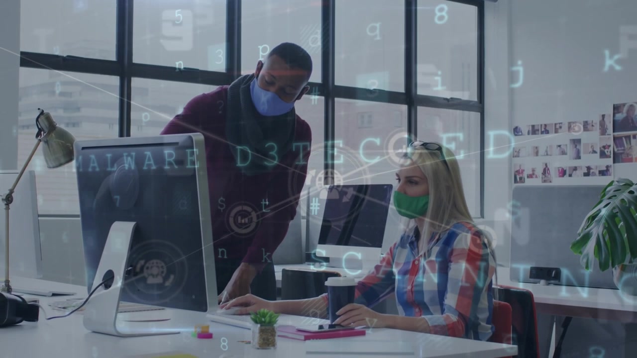 Animation of network of connections over diverse business people wearing face masks at office