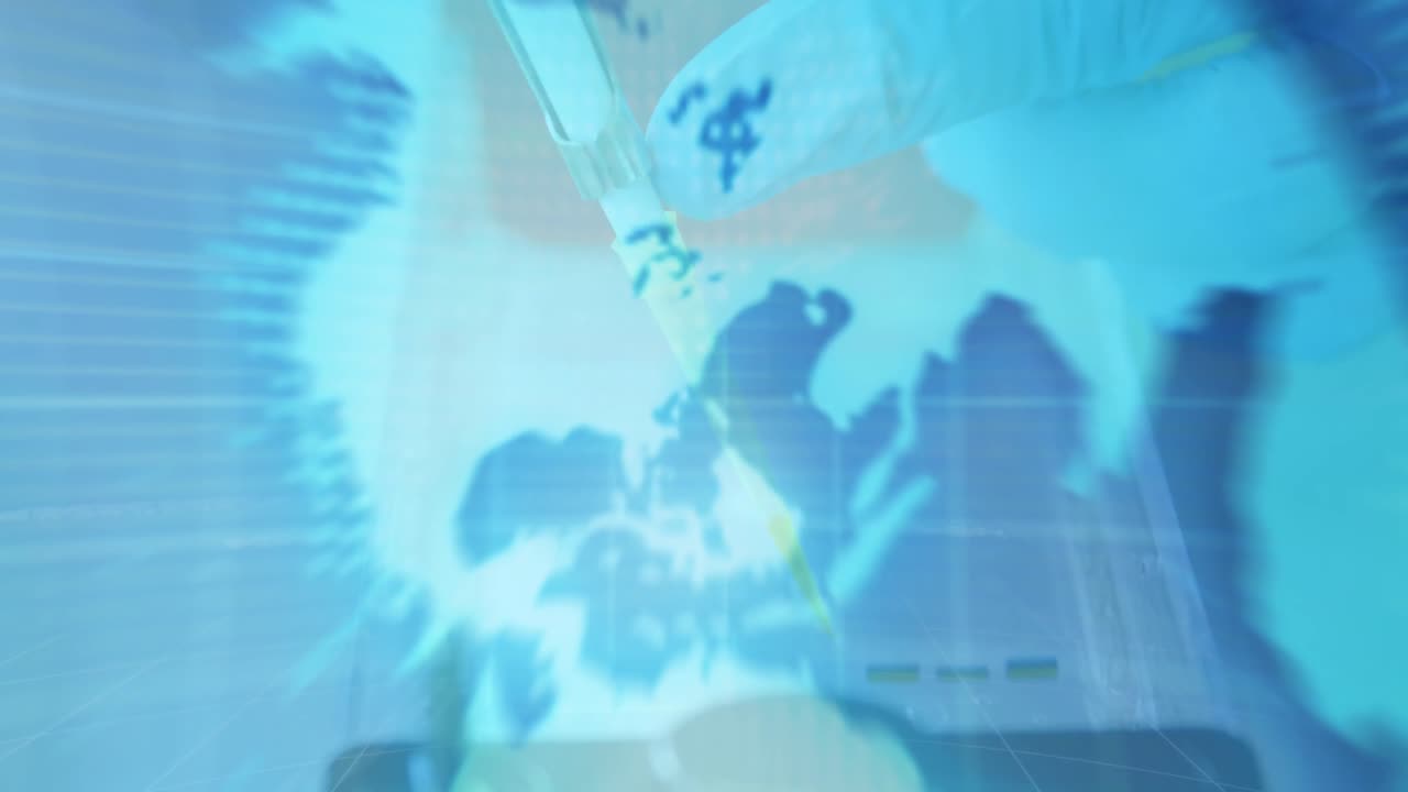 데이터 처리의 애니메이션과 지구상에서 과학자가 실험실에서 플을 가져가는