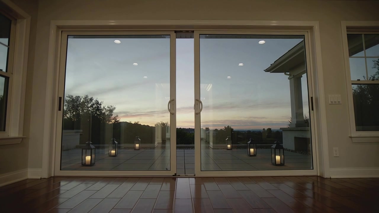 Pulling back, three-pane sliding doors revealing tiled terrace with four lit lanterns at dusk