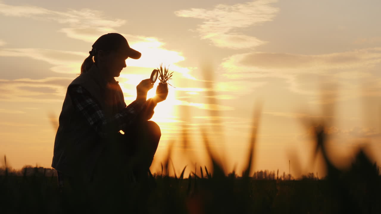 A Farmer Working In The Field Is Studying Wheat Sprouts Looking Through A Magnifying Glass