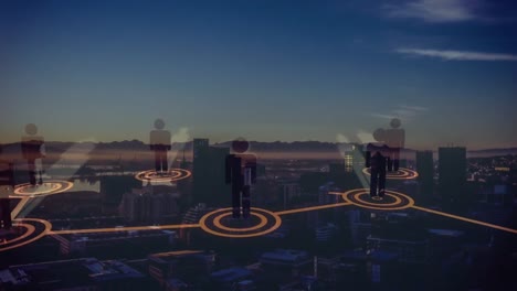 Animation-of-networks-of-connections-with-icons-over-cityscape