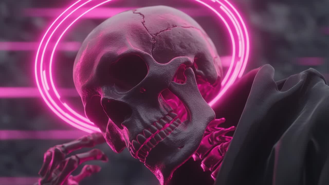 Una Sorprendente Rappresentazione 3D di uno Scheletro con un'Aureola al Neon, Che Fonda Estetiche Oscure con un Bagliore Futuristico, Creando una Visione Artistica Unica nel Regno dell'Arte Digitale
