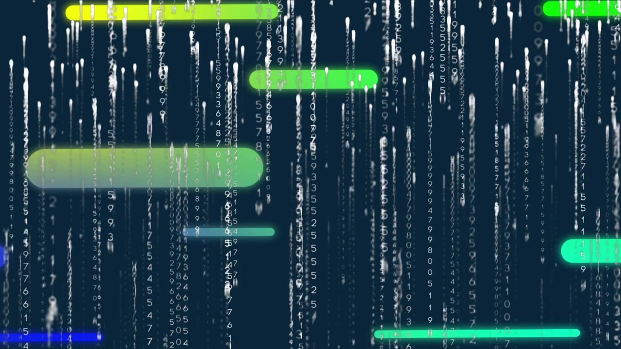 Faint neon bars intensifying while white numeric streams cascading behind for data visualization