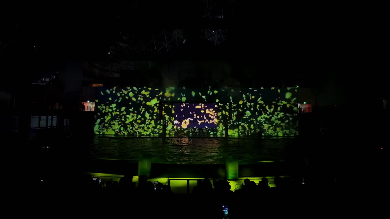 An audience watches a colorful aquatic performance under bright lights at night in Yokohama