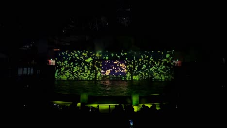 an audience watches a colorful aquatic performance under bright lights at night in yokohama