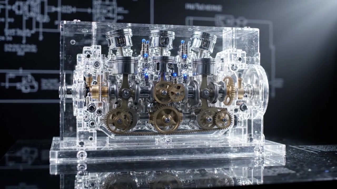 An Exquisite Transparent Model of an Internal Combustion Engine Showcasing Intricate Mechanical Details and Engineering Precision in a Modern Display Setting