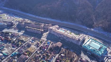 aerial view of a mountain resort town