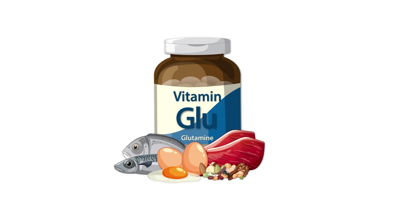 Glutamine supplement bottle surrounded by fish, eggs, meat, and nuts on a white background