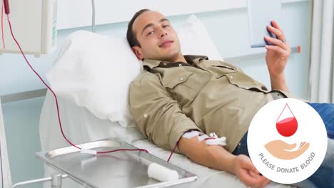 Animation-of-donate-blood-text-and-hand-and-drop-logo-over-smiling-male-donor-using-tablet