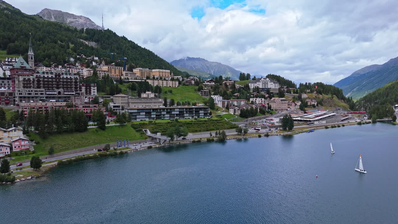 Aerial view of serene Saint Moritz with mountains and lake scenery
