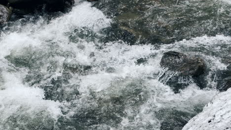 stromschnellen im fluss. nasse felsbrocken im stürmischen wasserfluss. nahaufnahme des schäumenden flusses.