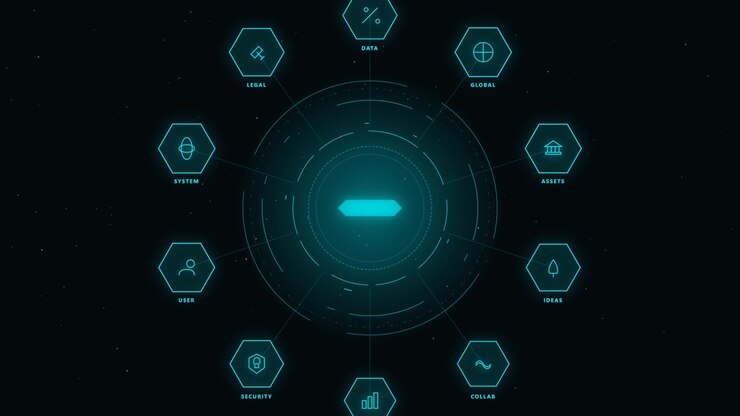 Digital Interface with Rotating Icons and Data Network Elements