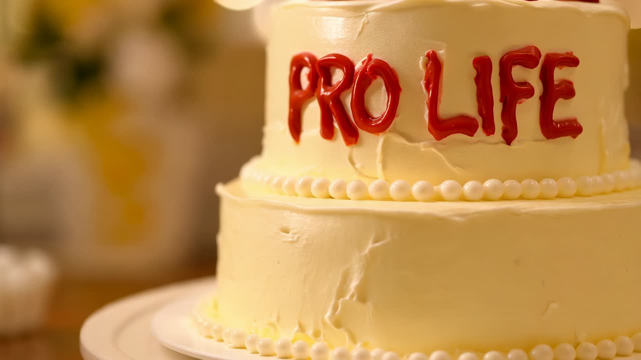 Inquadratura che si allontana mostrando una torta a due piani color crema su un supporto bianco per festeggiamenti, con la scritta rossa PRO LIFE