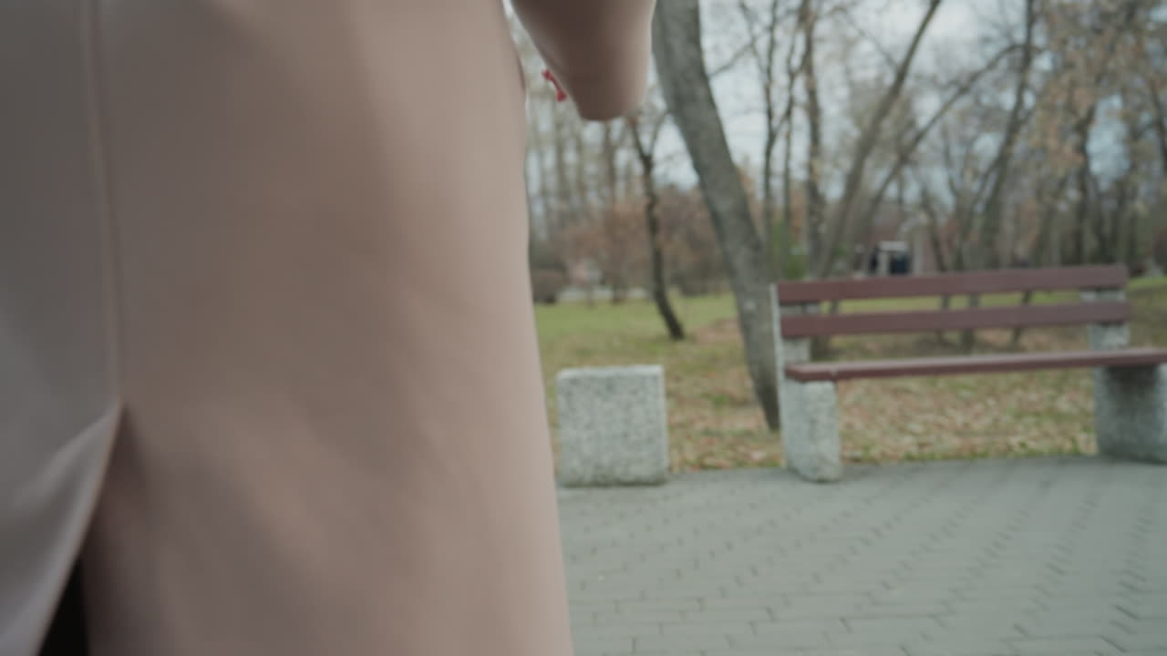 Caucasian woman waterfront gaze with headphones, beige coat and boots, solitary promenade, city skyline and horizon, overcast sky, reflective mood, bench and park trees, thoughtful slow walk, travel