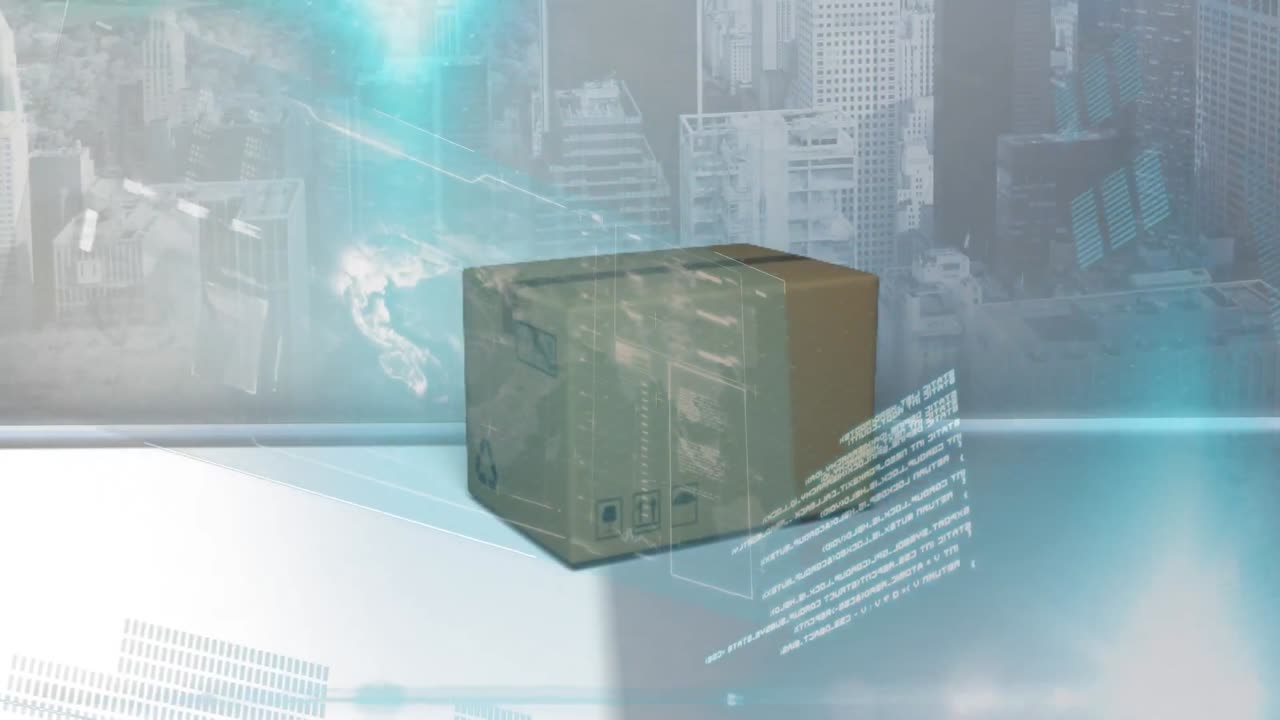 카드보드 상자와 도시 풍경 위에서 통계 처리의 애니메이션