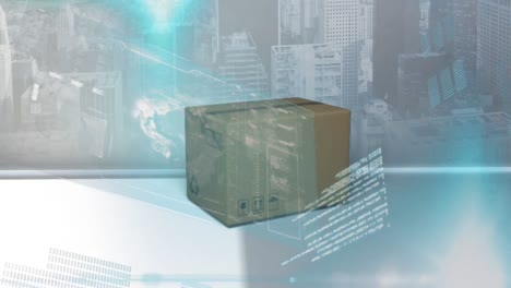 animación del procesamiento de estadísticas sobre cajas de cartón y paisajes urbanos