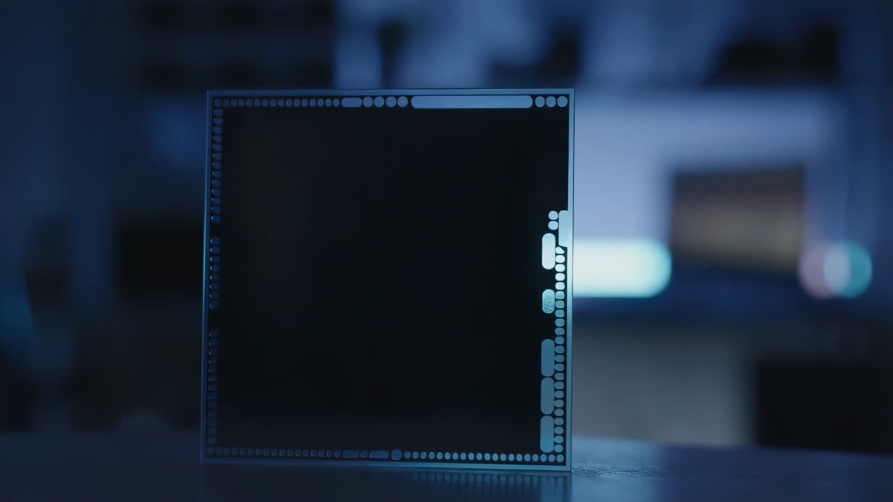 Close-up of a Modern Computer Chip with Blue Light Reflections