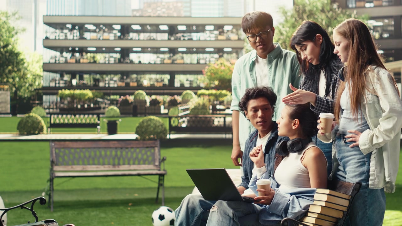 International students gather around laptop on campus bench