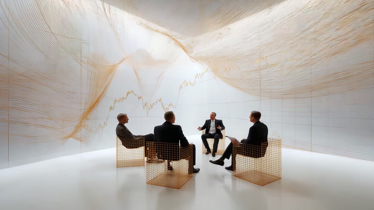 A Dynamic Discussion: Four Business Professionals Engage in Insightful Dialogue Amidst an Innovative and Abstract Background Representing Financial Trends and Analysis