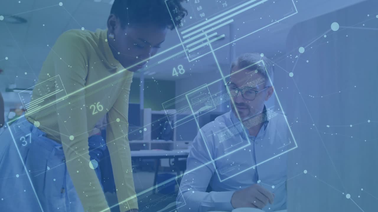 Woman pointing report to colleague, causing digital overlays cycling charts for business analysis