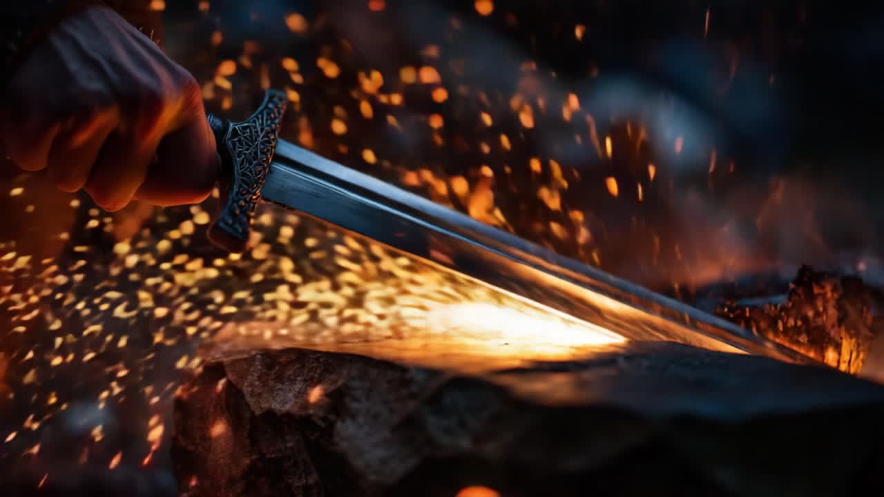 An Intense Transformation: The Art of Forging a Sword Amidst Sparks and Flames, Showcasing the Craftsmanship and Skill Involved in Metalwork and the Creation of Blades