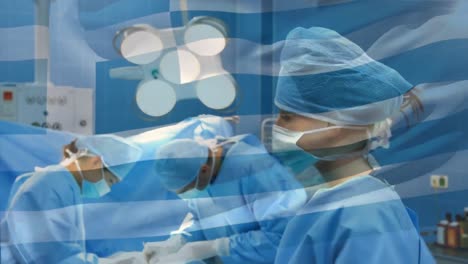 Animation-of-flag-of-greece-waving-over-surgeons-in-operating-theatre