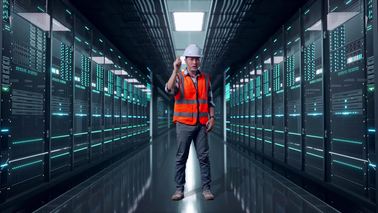 Full Body Of Angry Asian Male Engineer With Safety Helmet Shouting At Someone While Standing in Server Room Data Center