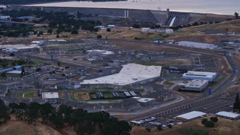 Aerial-Drone-View-of-Folsom-Prison-and-Folsom-Lake-during-sunset