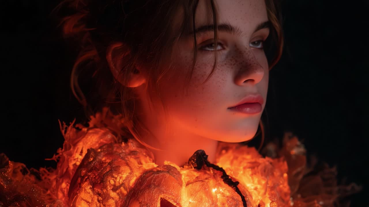 A Surreal Portrait of a Young Girl Adorned with Vibrant Pumpkin Lights, Capturing the Essence of Autumn and the Enchantment of Seasonal Traditions