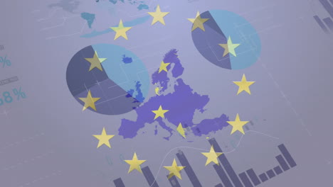 map of eu with yellow stars spinning against graphs and statistics data
