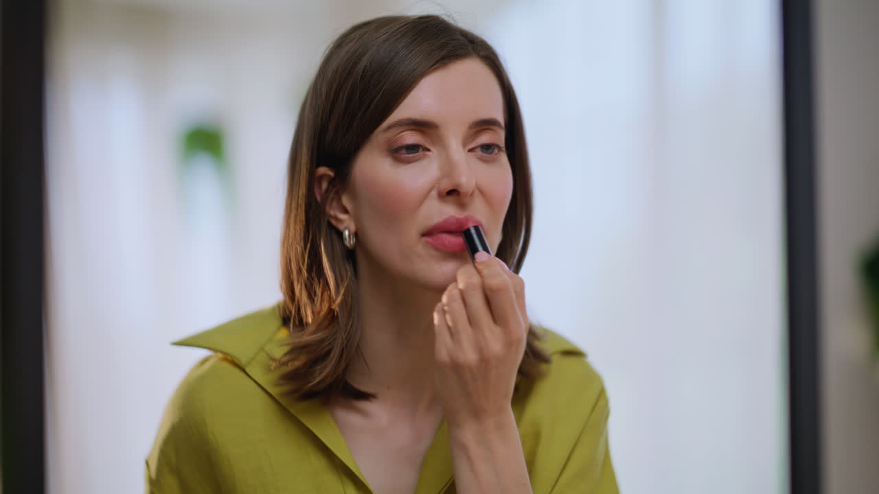 woman painting lips looking mirror closeup. Lady applying lipstick