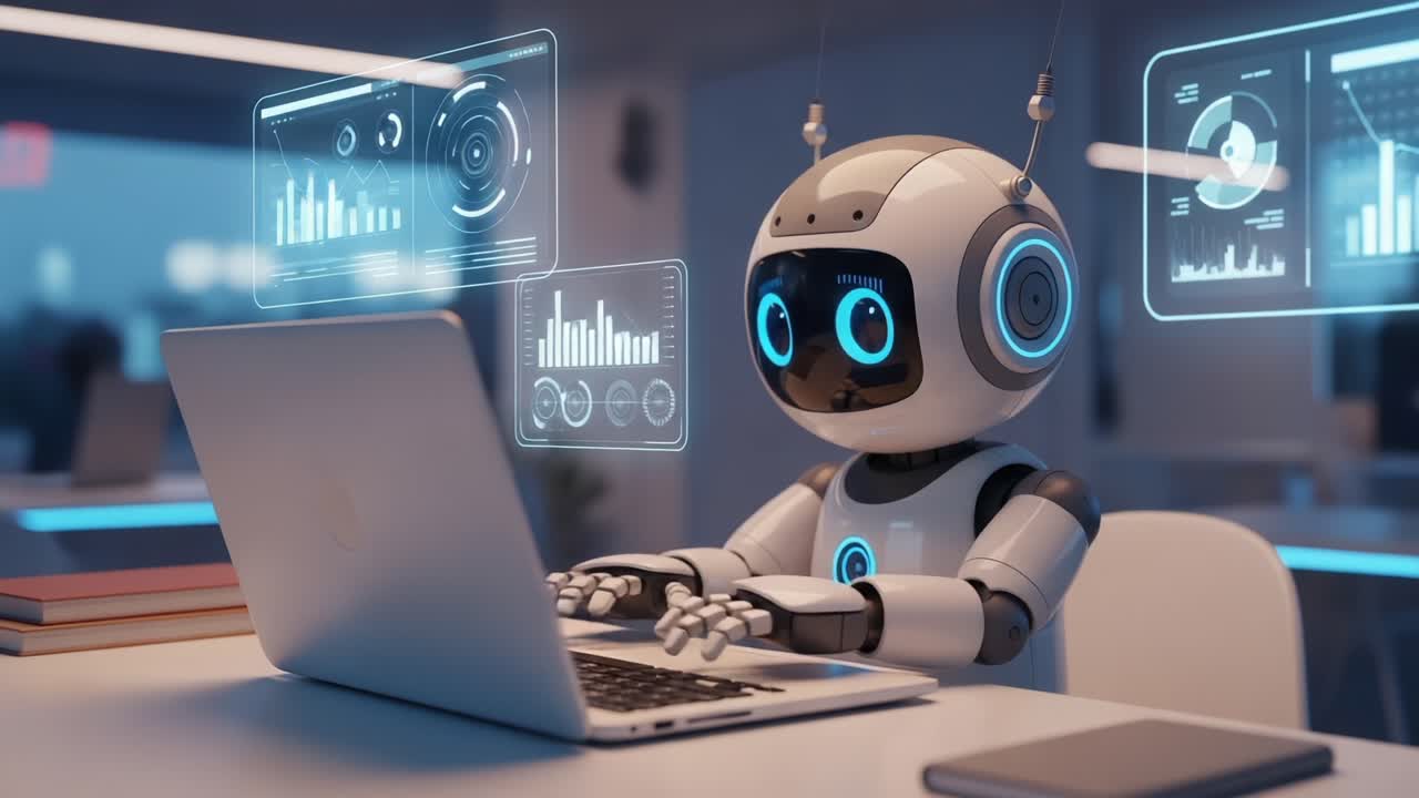 A futuristic robotic assistant engaging with a computer, showcasing advanced technology and data interaction in a modern workspace setting with digital interfaces