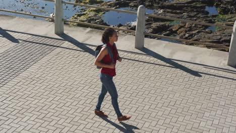 African-american-woman-wearing-backpack-and-walking-on-promenade-by-the-sea